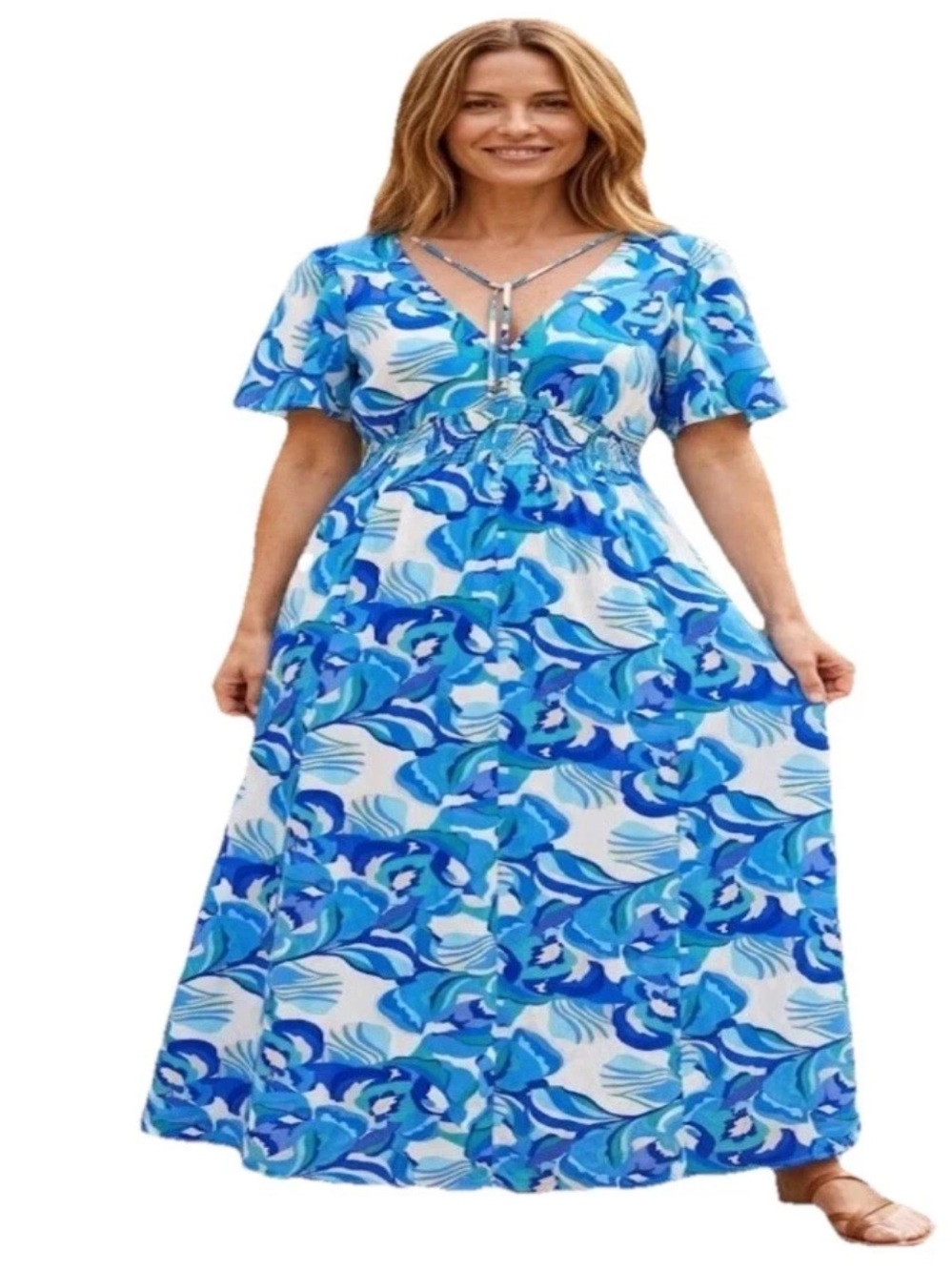 Blue Floral V-Neck Maxi Dress with Smocked Waist